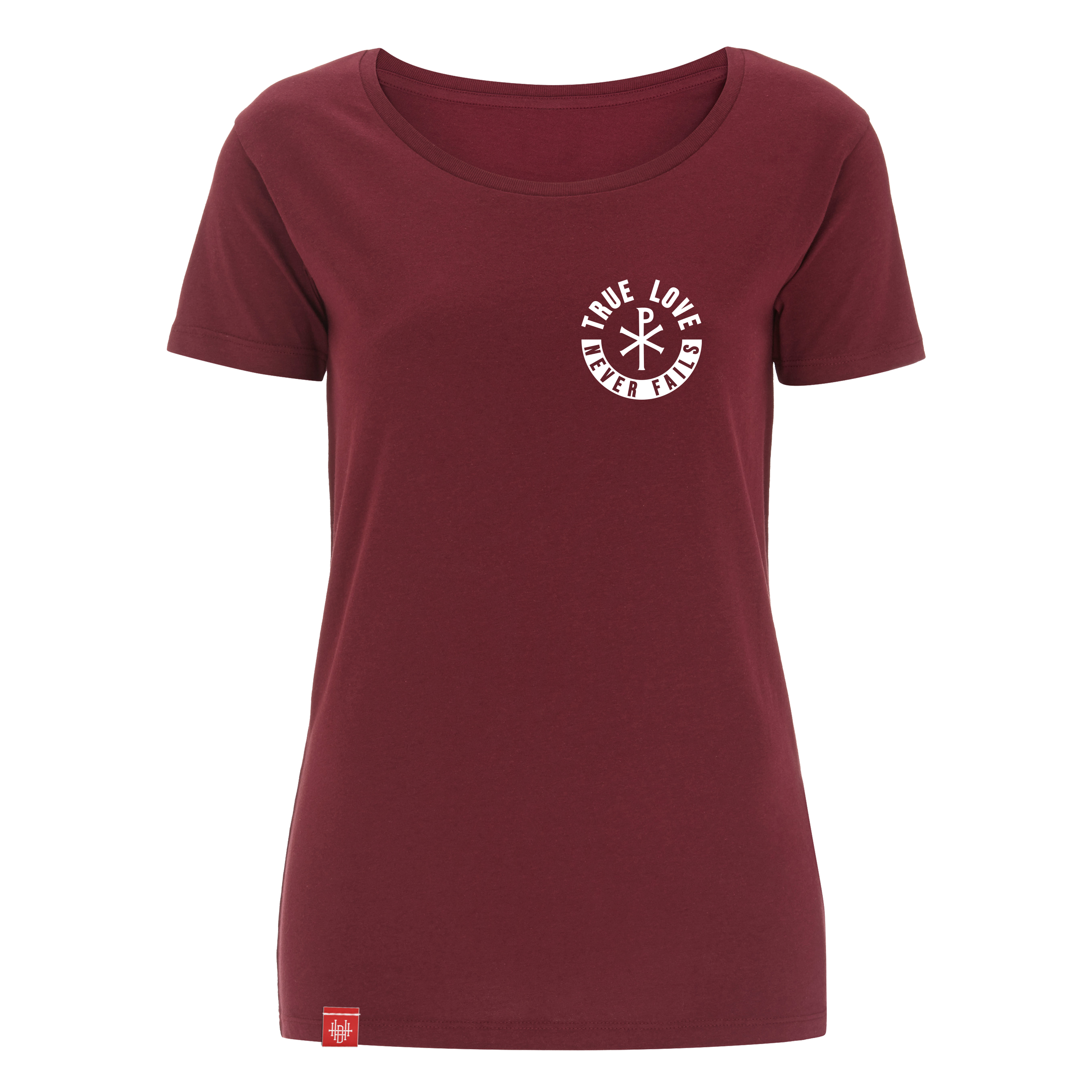 Girlie-Shirt True love never fails – burgundy